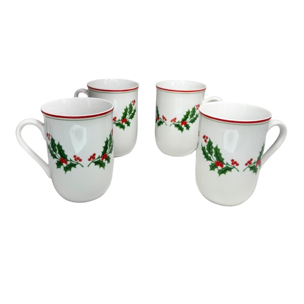 Set Of 4 Vintage Holly Berry Red & Green Trim Christmas Mugs Fine Porcelain - Picture 2 of 9